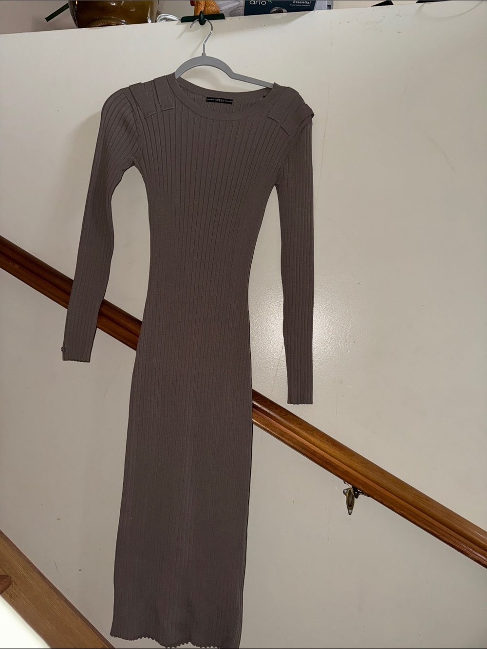 Guess Ribbed Long Sleeve Knit Dress in Taupe